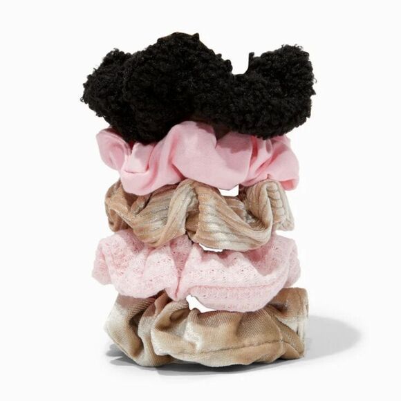 Claire's Girls Women Black Gold Pink Mixed Textured Hair Scrunchie Set of 5 NEW - Picture 2 of 2
